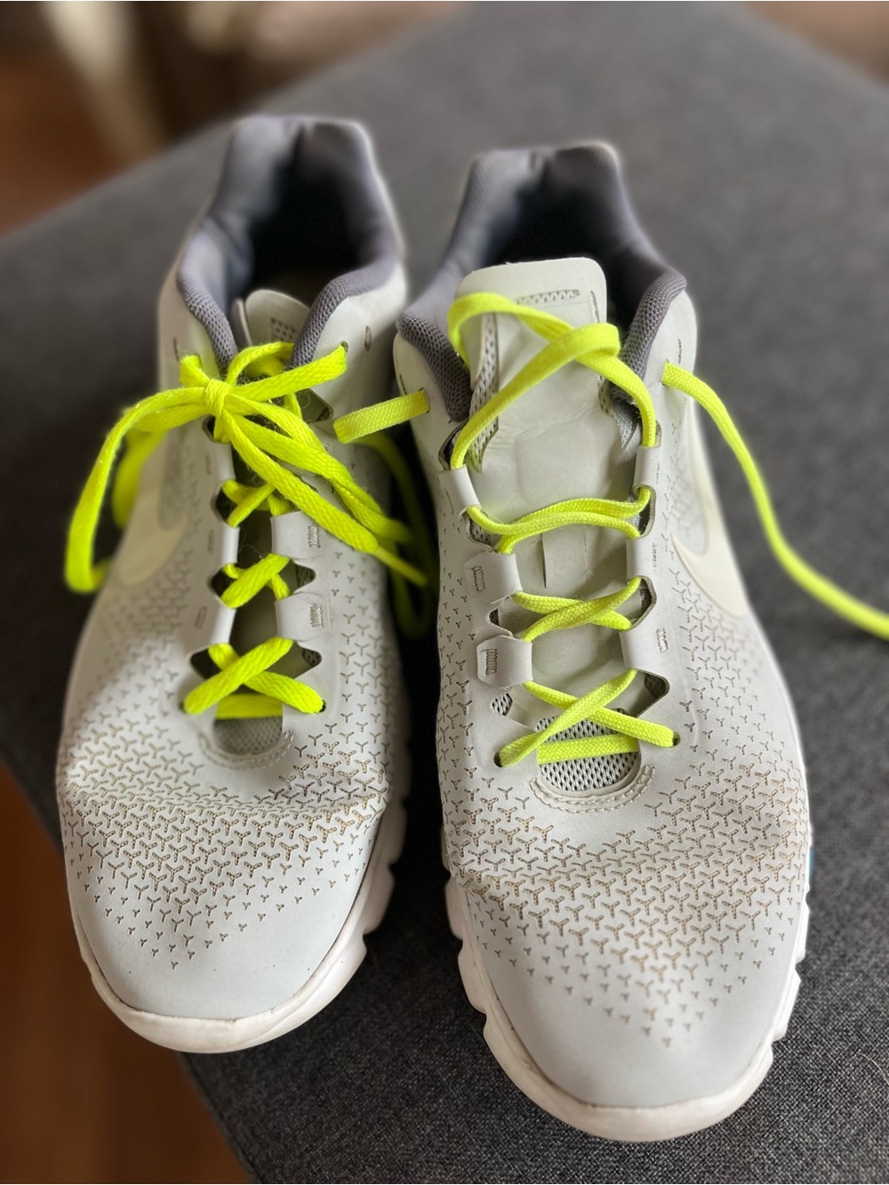 Nike Light Gray Running Shoes with Neon Yellow Laces